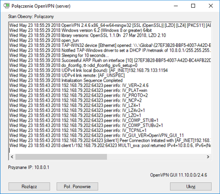 OpenVPN GUI - status połączenia na serwerze