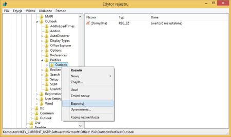 Edytor rejestru - eksport profilu programu Outlook