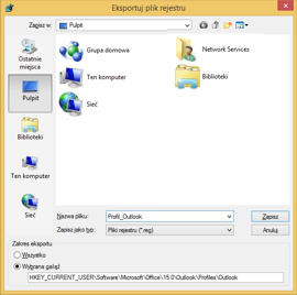 Edytor rejestru - eksport profilu programu Outlook