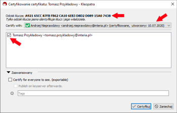 Kleopatra - certyfikowanie klucza publicznego