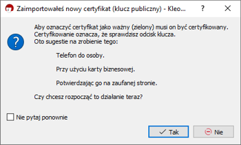 Kleopatra - potwierdzenie certyfikowania klucza publicznego