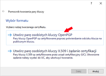 Kleopatra - utwórz parę kluczy osobistych OpenPGP