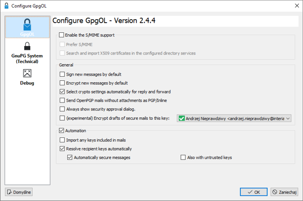 MS Outlook - GpgOL ustawienia