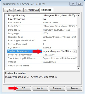 Właściwości instancji MS SQL - Advanced