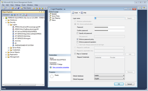Microsoft SQL Server Management Studio - zmiana hasła dla konta 'sa'