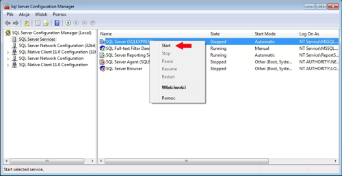 Server Configuration Manager - uruchomienie instancji MS SQL