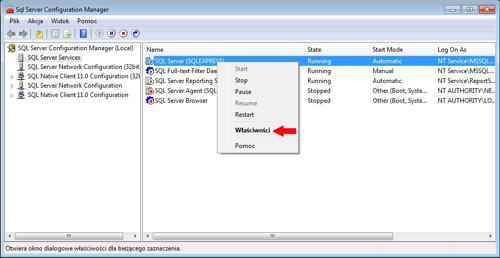 Server Configuration Manager - właściwości instancji MS SQL