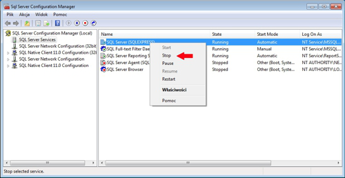 Server Configuration Manager - zatrzymanie instancji MS SQL