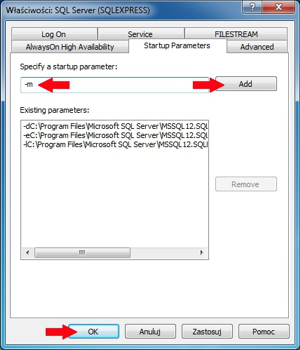 Właściwości instancji MS SQL - Startup Parameters